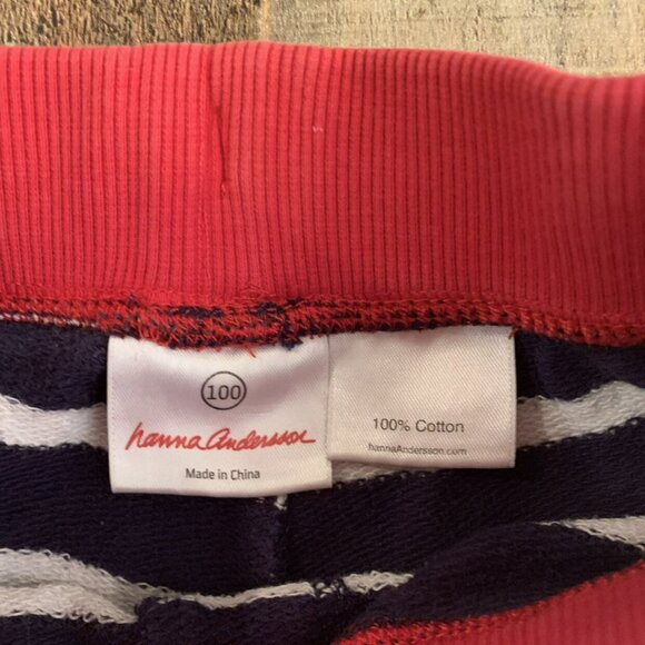 Hanna Andersson Boys Navy Blue And White Striped Sweat Shorts with red waistband - Picture 2 of 4